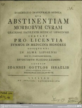 Dissertatio Inauguralis Medica Qua Abstinentiam Morborum Curam