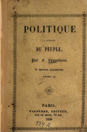 Politique à l'usage du peuple : Recueil des articles ... précédé d'une préface, 2. (1839). - 190 S.