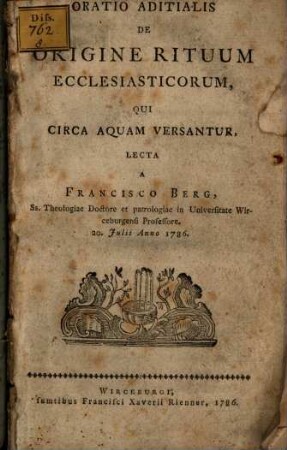 Oratio aditialis de origine rituum ecclesiasticorum, qui circa aquam versantur