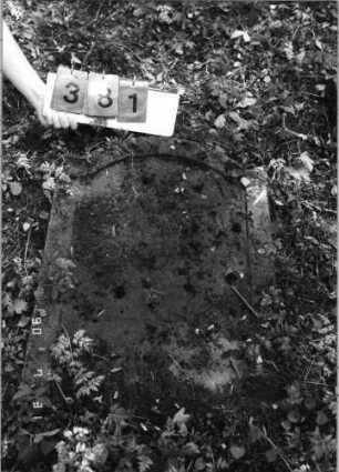 Grabstein 381 (Index: 99790797) Zustand: sehr stark verwittert Maße HxBxT: 74x53xo.A. cm: Grabstein 381