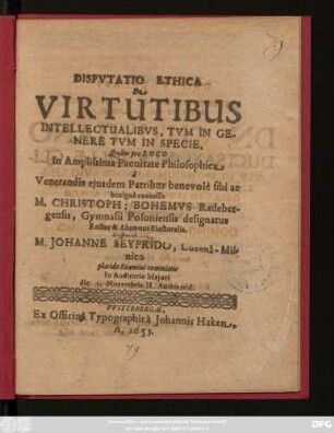 Disputatio Ethica De Virtutibus Intellectualibus, Tum In Genere Tum In Specie