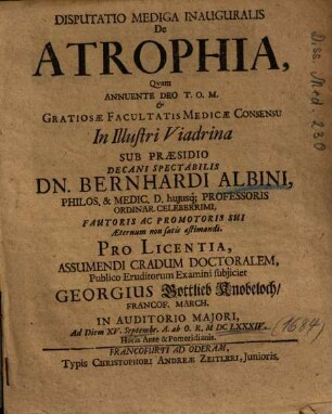 Disputatio Mediga Inauguralis De Atrophia