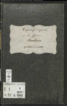 Kirchenbuchduplikat der katholischen Gemeinde Bödexen, Kreis Höxter (GHT 1851-1860). (Gemeinde: Katholische Gemeinde Bödexen, Kreis Höxter)