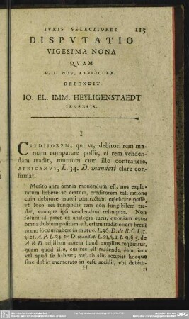Disputatio Vigesima Nona Quam D. I. Nov. MDCCLX. Defendit Io. El. Imm. Heyligenstaedt Ienensis