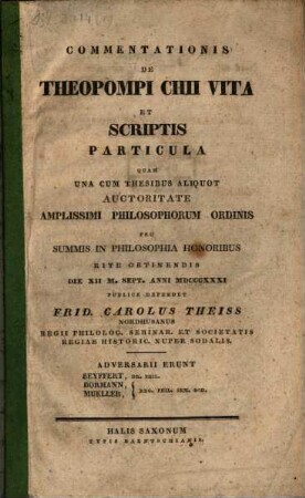 Commentationis de Theopompi Chii vita et scriptis particula