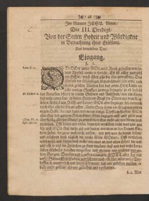 Die III. Predigt/ Von der Seelen Hoheit und Würdigkeit in Betrachtung ihrer Erlösung. Aus demselben Text.