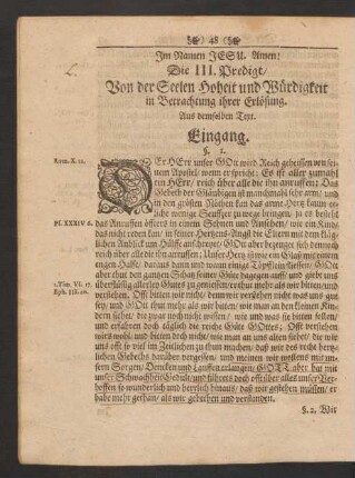 Die III. Predigt/ Von der Seelen Hoheit und Würdigkeit in Betrachtung ihrer Erlösung. Aus demselben Text.