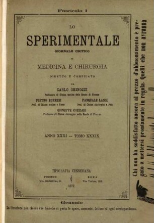 Lo sperimentale : archivio di biologia normale e patologica. 39. 1877 = Anno 31