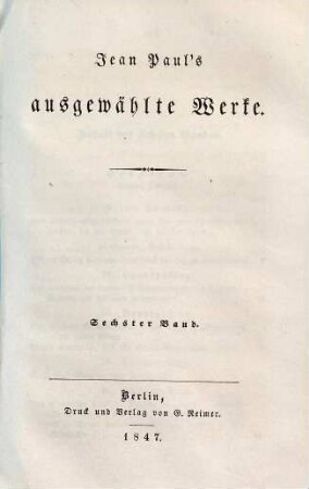 Jean Paul's ausgewählte Werke, Sechster Band. Hesperus, oder 45 Hundsposttage