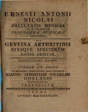 Programma ausp. ... quo Genuina arthritidis eiusque specierum notio eruitur, II.