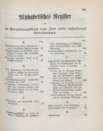 Alphabetisches Register der im Verordnungsblatt vom Jahr 1860 enthaltenen Verordnungen