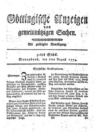 31tes Stück. Sonnabend, den 6ten August 1774.