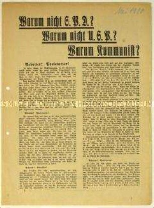 Flugblatt der KPD gegen SPD und USPD und Aufruf zur Reichstagswahl 1920