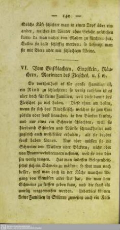 VI. Vom Einschlachten, Einpökeln, Räuchern, Mariniren des Fleisches, u.s.w.