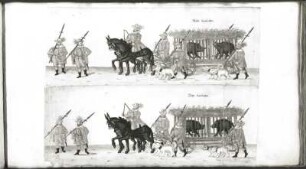 Aufzug zur Fastnacht 1609 in Dresden : Jäger mit Spießen und Hunden, zweispännige Wagen mit Wildschweinkäfigen. Blatt 70 aus: Abriß und Verzeichnis aller Inventionenen und Aufzüge, welche an Fastnachten Anno 1609 im kurfürstl. Schlosse zu Dresden aufgeführt wurden. Deckfarben; ca. 289 x 527 mm. Dresden: SLUB Mscr.Dresd.J.18