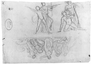 Skizzenblatt mit Entwurf für die Niobe-Komposition : Rietschel, Ernst. Skizzenblatt mit Entwurf für die Niobe-Komposition. Bleistift auf hellelfenbeinfarbenem Bütten; 24 x 34,3 cm. Um 1841. Privatbesitz. WVZ 273 r