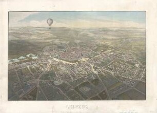 Vogelschaubild von Leipzig, mehrfarb. Stich, 1850 : Leipzig / gez. u.gest. von Adolf Eltzner. - Leipzig : Rocca ; [S.l.] : Kuhlmay , [ca. 1850]. - 1 Vogelschaubild : mehrfarb. Stich ; 43 x 28cm