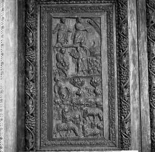 Holztür mit der Gegenüberstellung von Szenen aus dem Leben von Moses und Christus — Moses als Schafhirte bei Jethro & Der brennende Dornbusch & Offenbarung auf dem Berge Horeb