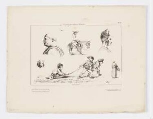 Skizzenblatt mit Kopfstudien, Reiter, Hundekopf und spielenden Kindern, Blatt 36 der Folge "Croquis par divers artistes"