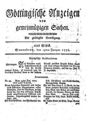2tes Stück. Sonnabend, den 13ten Januar 1776.