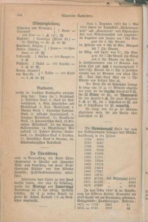 Münzvergleichung. Banknoten. Die Thiertödtung. Einwohnerzahl. [Fahrplan der Altona-Kieler Eisenbahn vom 15. Oktober 1877. Fahrpreise auf der Eisenbahn. Fahrpreise auf den Dampfschiffen.]