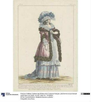 Gallerie des Modes et du Costume Français: jolie femme se promenant seule dans son jardin. ccc.297