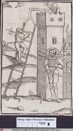 Ein Soldat steigt auf einer Strickleiter einen Turm hinauf.