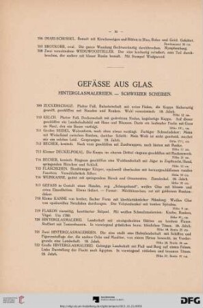 Gefässe aus Glas. Hinterglasmalereien – Schweizer Scheiben (Nr. 709-727)