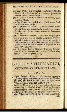 Libri Mathematici, Oeconomici Et Miscellanei.