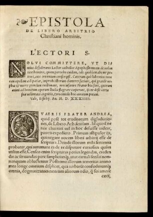 Epistola De Libero Arbitrio Christiani hominis.