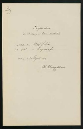 "Legitimation für Benützung der Universitätsbibliothek" 1892