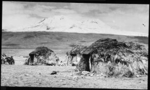 Strohhäuser der Aymara-Indianer im Dorf Sajama mit dem Quisiquisini im Hintergrund