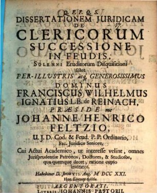 Diss. iur. de clericorum successione in feudis