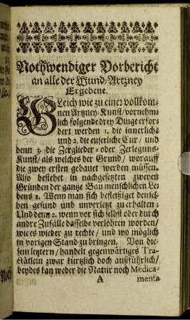 Nothwendiger Vorbericht an alle der Wund-Artzney Ergebene