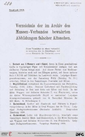 Verzeichnis der im Archiv des Museen-Verbandes bewahrten Abbildungen falscher Altsachen