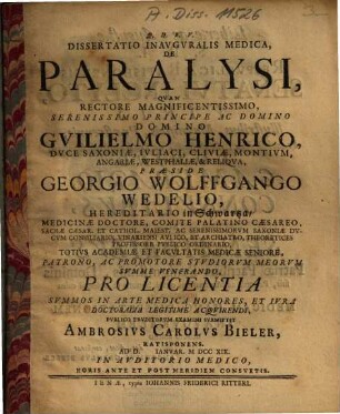 Dissertatio Inavgvralis Medica, De Paralysi