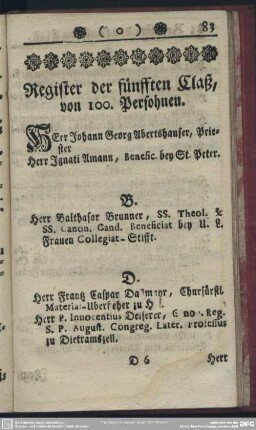 Register der fünfften Claß, von 100. Persohnen