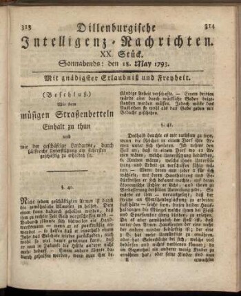 XX. Stück. Sonnabends: den 18. May 1793.