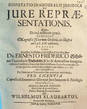 Disputatio Inauguralis Iuridica De Iure Repraesentationis