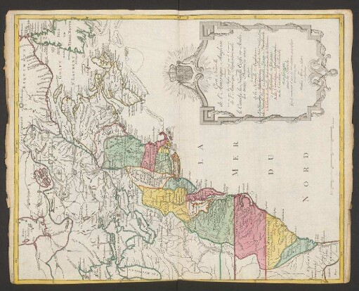 Carte Nouvelle de l'Amerique Angloise : contenant tout ce que les Anglois possedent sur le Continent de l'Amerique Septentrionale Savoir le Canada, la Nouvelle Ecosse ou Acadie, les treize Provinces unies qui sont: les quatres Colonies de la Nouvelle Angleterre 1. New Hampshire, 2. Massachusetsbaye, 3. Rhode-Island, & 4. Conecticut, 5. la Nouvelle York, 6. Nouvelle Jersey, 7. Pensilvanie, 8. les Comtés de Newcastle Kent et Sussex sur la Delaware, 9. Mariland, 10. Virginie, 11. la Caroline Septentrionale, 12. la Caroline Meridionale et 13. Georgie: avec la Floride