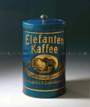 Vorrats-Blechdose mit Knauf für "Elefanten-Kaffee Bohnen-Kaffee in Paketen a 1/2 und 1/4 Pfund" (Abbildung der Schutzmarke: Elefant im Oval)