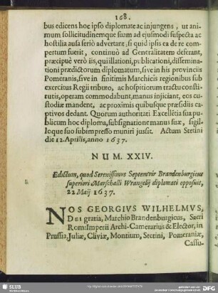 Num. XXIV. Edictum, quod Serenissimus Septemvir Brandenburgicus superiori Mareschalli Wrangelij diplomati opposuit, 22. Maij 1637