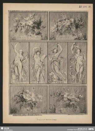 Blumenvasen im Stile Louis XVI. und allegorische Darstellungen der Musik, der Landwirtschaft, des Weins und der Jagd