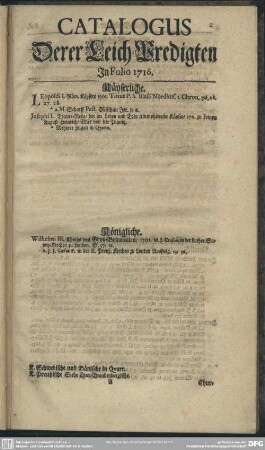 Catalogus Derer LeichPredigten, In Folio 1716