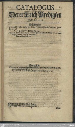 Catalogus Derer LeichPredigten, In Folio 1716