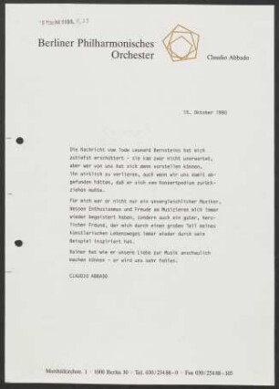 Kurzer Text von Claudio Abbado zum Tod von Leonard Bernstein