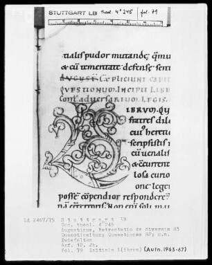 Augustinus, Retractatio de diversis 83 quaestionibus — Initiale L(ibrum), Folio 79recto