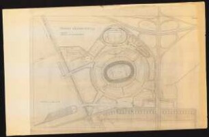 Stadion Oberwiesenfeld, München: Lageplan, Variante zum Außenverkehr (geostet) 1:1000, (von Inv.nr. 39700)