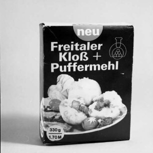 Kartonschachtel (Vorderseite) für Freitaler Kloß + Puffermehl des VEB Kartoffelveredlungswerk Freital