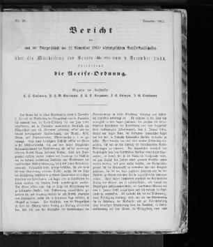 Nr. 38. Bericht des von der Bürgerschaft am 21. November 1860 niedergesetzten Accise-Ausschusses über die Mittheilung des Senats (Nr. 100) vom 9. December 1861, betreffend die Accise-Ordnung. December 1861